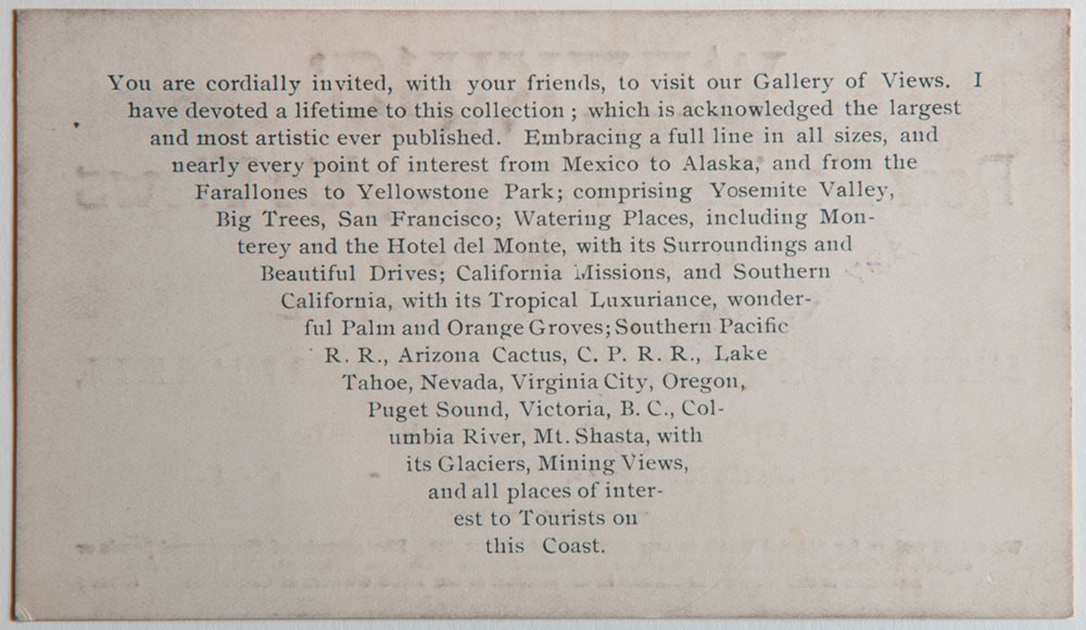 Watkins Unnumbered View - Watkins' New Series Photographic Views of the Pacific Coast (verso)