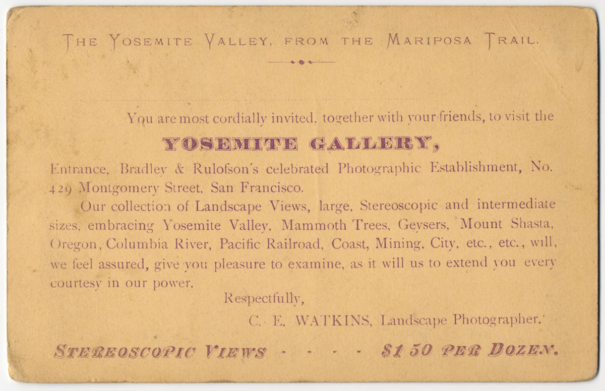 Watkins Unnumbered View - The Yosemite Valley from the Mariposa Trail (verso)