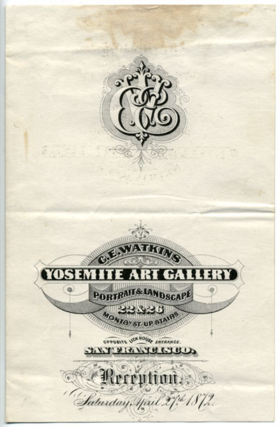 Unnumbered View - Invitation to reception at Watkins Yosemite Art Gallery, Saturday April 27th 1872.