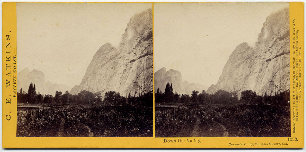 Watkins #1090 - View down the Valley; right Three Brothers, left Cathedral Rock