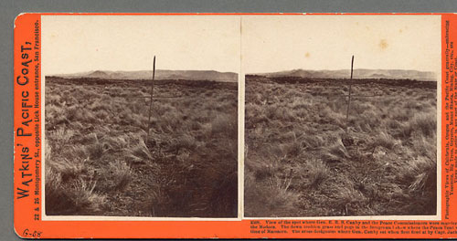 #2508 - View of the spot where Gen. E.R.S. Canby and the Peace Commissioners were murdered by / the Modocs. The down trodden grass and pegs in the foreground show where the Peace Tent was at / time of Massacr